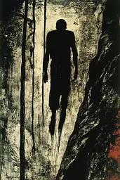 Midjourney generated image using SREF code Woodcut Noir: A black and white image of a man standing in a cave.