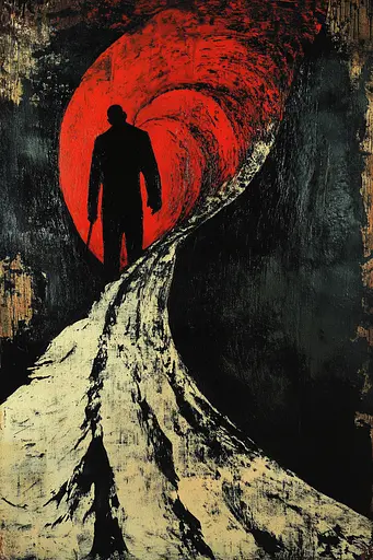 Midjourney generated image using SREF code Woodcut Noir: A painting of a man walking through a tunnel.