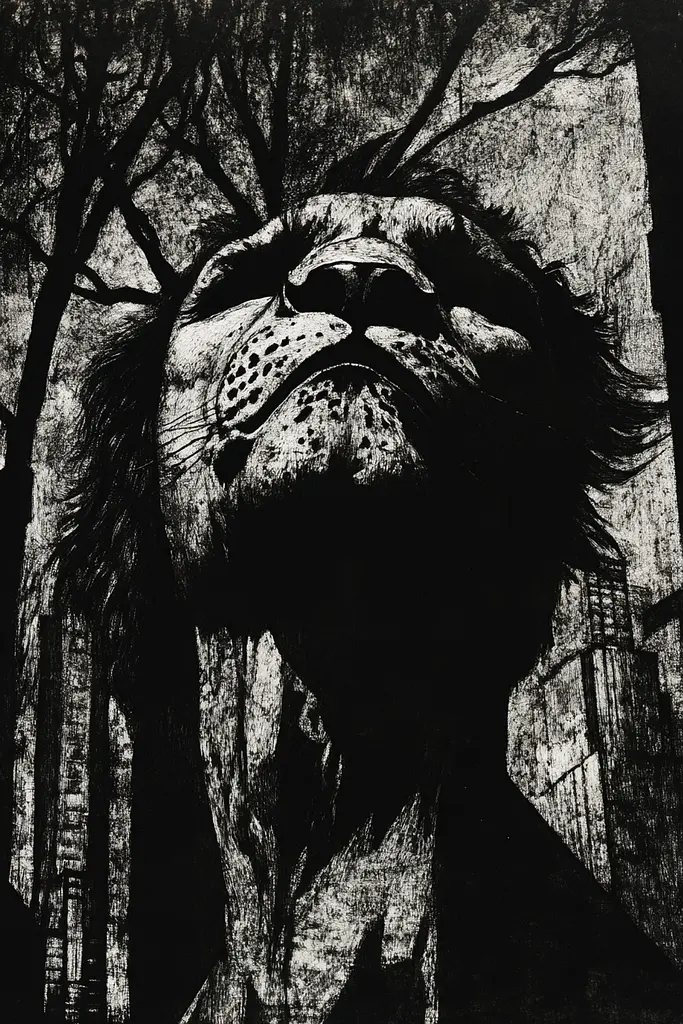 Midjourney generated image using SREF code Woodcut Noir: A black and white photo of a lion in the woods.