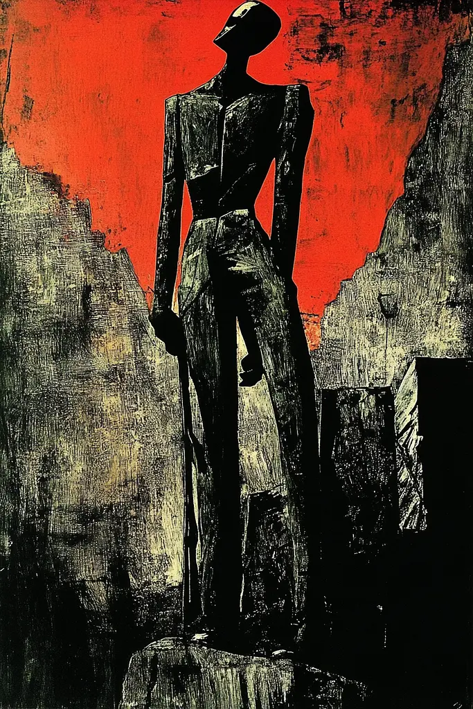 Midjourney generated image using SREF code Woodcut Noir: A black and red painting of a man standing on a rock.