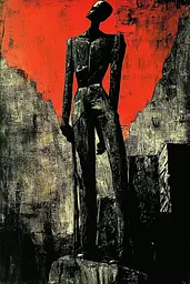 Midjourney generated image using SREF code Woodcut Noir: A black and red painting of a man standing on a rock.