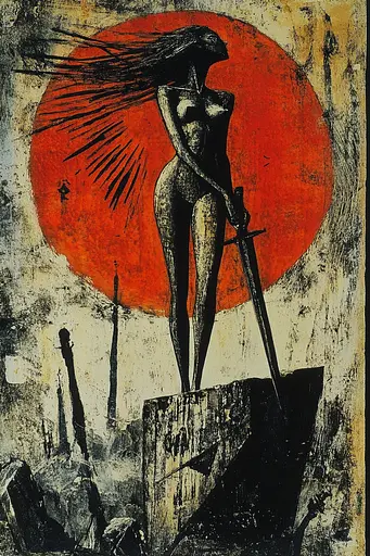 Midjourney generated image using SREF code Woodcut Noir: A painting of a woman holding a sword in front of a sunset.