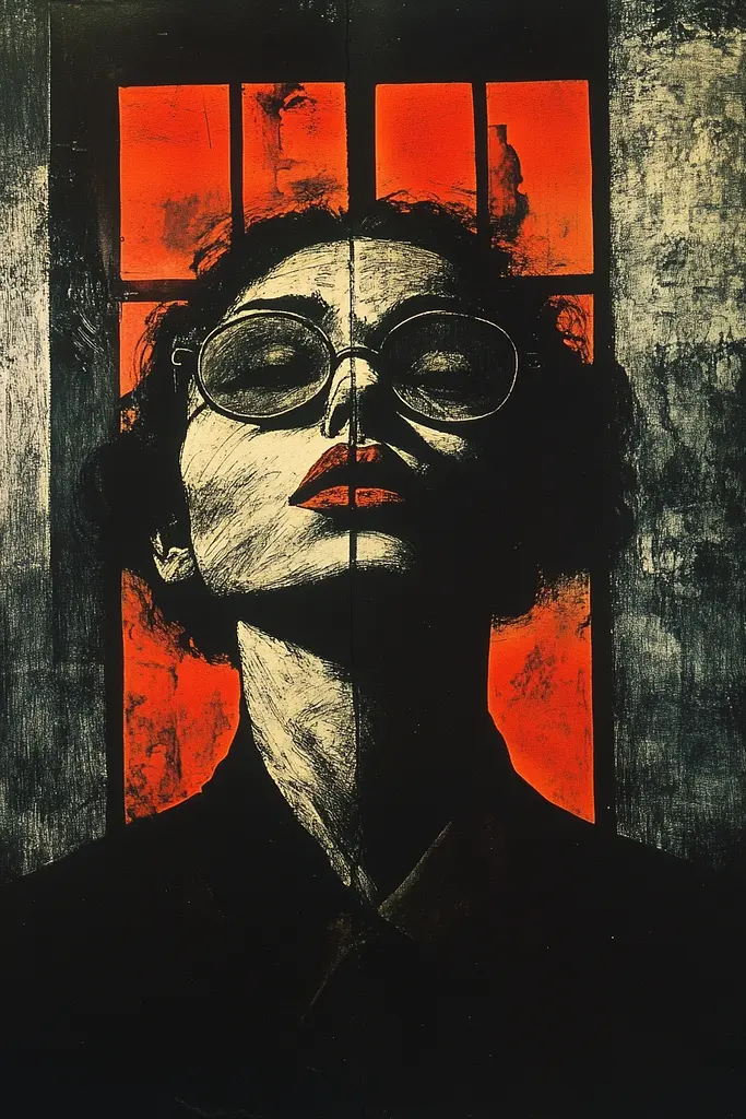 Midjourney generated image using SREF code Woodcut Noir: A painting of a woman with glasses looking out of a window.