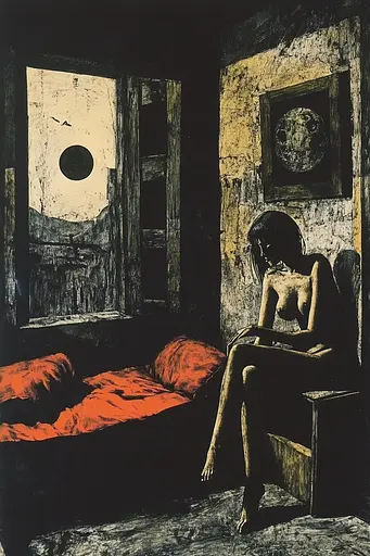 Midjourney generated image using SREF code Woodcut Noir: A painting of a woman sitting on a bed in a room.