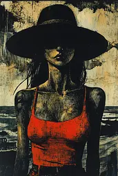 Midjourney generated image using SREF code Woodcut Noir: A painting of a woman wearing a black hat.