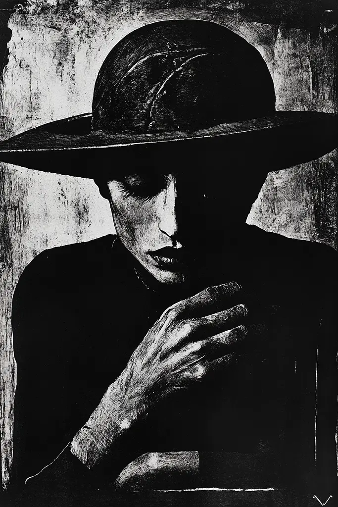 Midjourney generated image using SREF code Woodcut Noir: A black and white photo of a man wearing a hat.