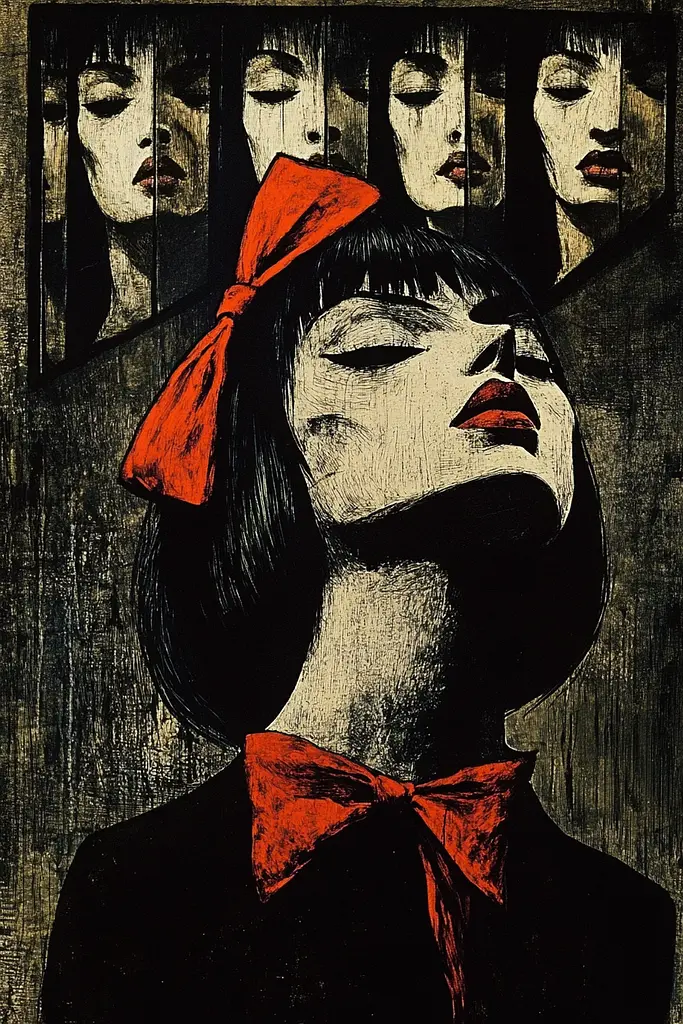 Midjourney generated image using SREF code Woodcut Noir: A painting of a woman with a red bow on her head.