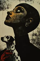 Midjourney generated image using SREF code Woodcut Noir: A painting of a woman holding a dog in her arms.