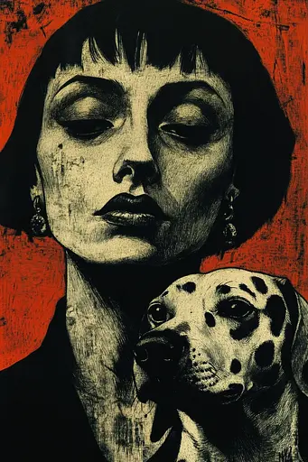 Midjourney generated image using SREF code Woodcut Noir: A woman holding a dalmatian dog in her arms.