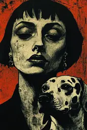 Midjourney generated image using SREF code Woodcut Noir: A woman holding a dalmatian dog in her arms.