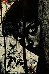 Midjourney generated image using SREF code Woodcut Noir: A black and white photo of a woman's face peeking out from behind a tree.