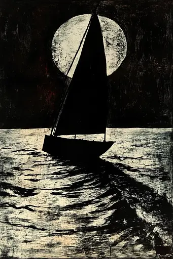 Midjourney generated image using SREF code Woodcut Noir: A black and white drawing of a sailboat in the ocean.