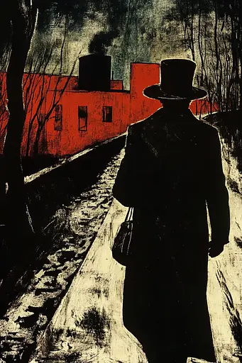 Midjourney generated image using SREF code Woodcut Noir: A man in a top hat walking down a snowy street.