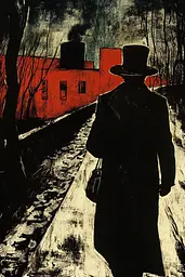 Midjourney generated image using SREF code Woodcut Noir: A man in a top hat walking down a snowy street.