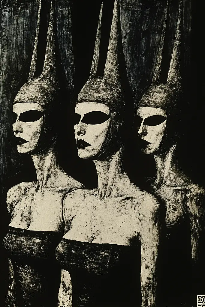 Midjourney generated image using SREF code Woodcut Noir: A black and white drawing of three women wearing masks.