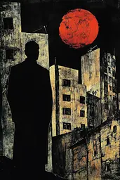 Midjourney generated image using SREF code Woodcut Noir: A black and white drawing of a man standing in front of a city.