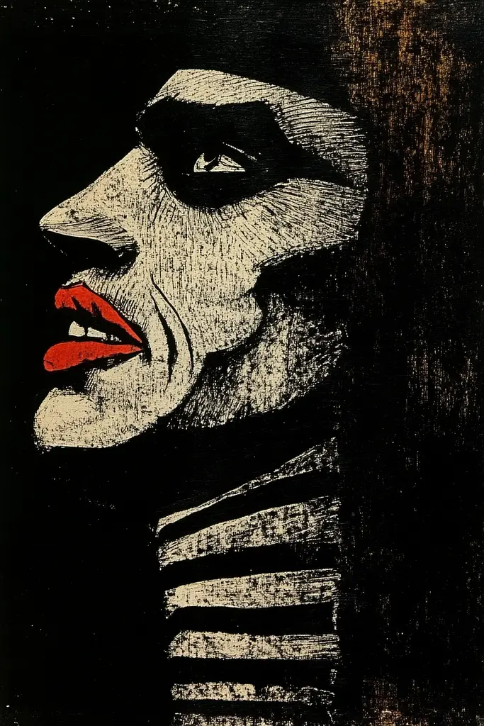 Midjourney generated image using SREF code Woodcut Noir: A black and white drawing of a woman with red lipstick.