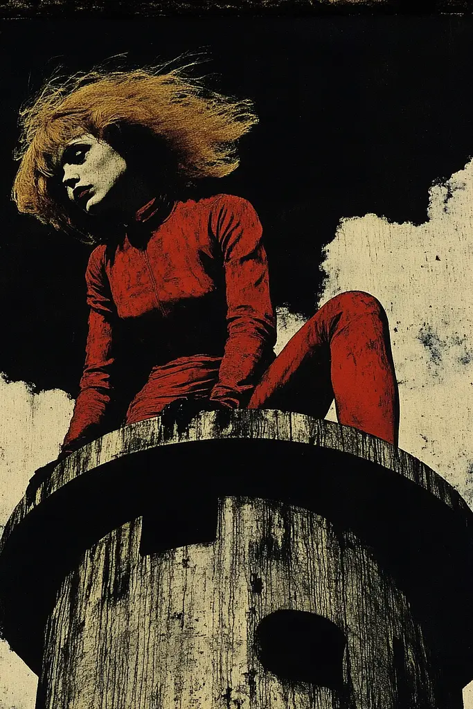 Midjourney generated image using SREF code Woodcut Noir: A woman sitting on top of a wooden barrel.