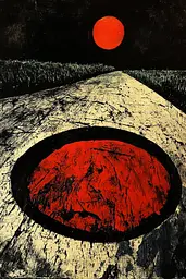 Midjourney generated image using SREF code Woodcut Noir: A painting of a road with a red sun in the background.