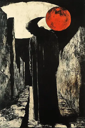 Midjourney generated image using SREF code Woodcut Noir: A black and white illustration of a man holding a red ball.