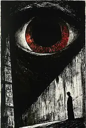 Midjourney generated image using SREF code Woodcut Noir: A black and white drawing of a man standing in front of an eye.