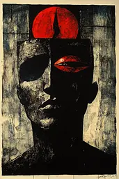 Midjourney generated image using SREF code Woodcut Noir: A black and red painting of a man's face with a red sun on his head.