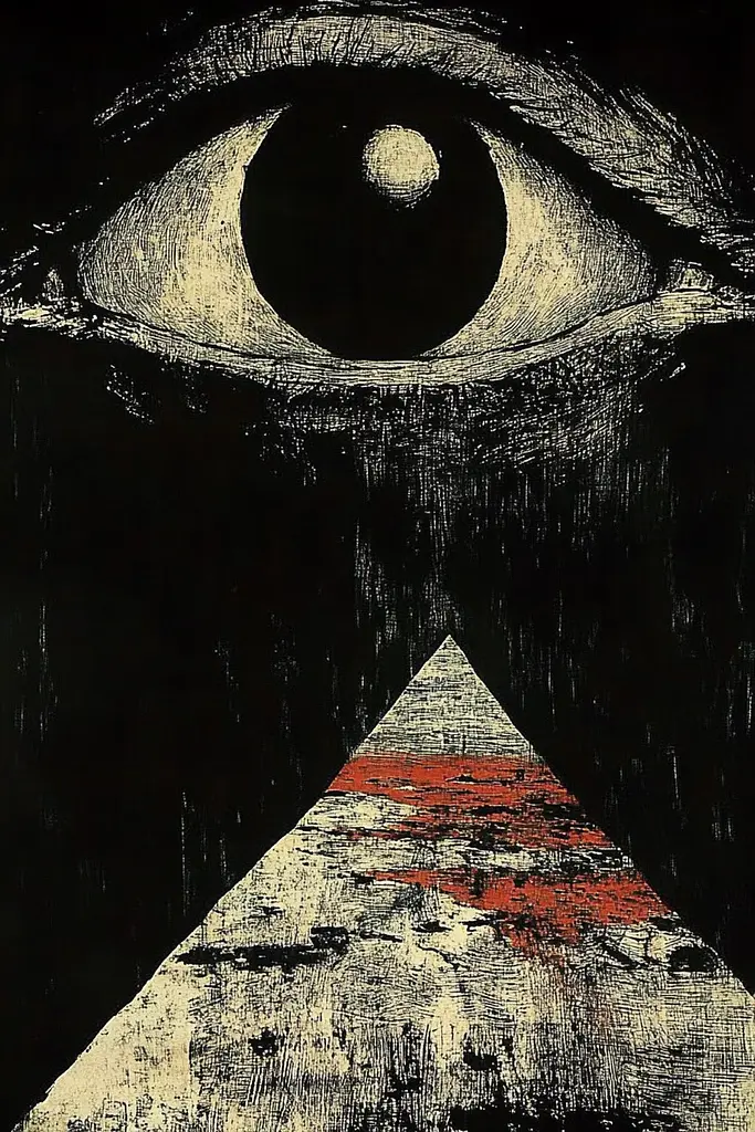 Midjourney generated image using SREF code Woodcut Noir: A black and white drawing of an eye with a triangle in the middle.