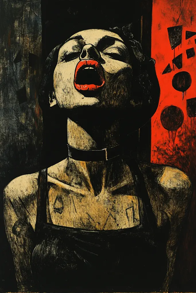 Midjourney generated image using SREF code Woodcut Noir: A painting of a woman with her mouth open and tongue out.