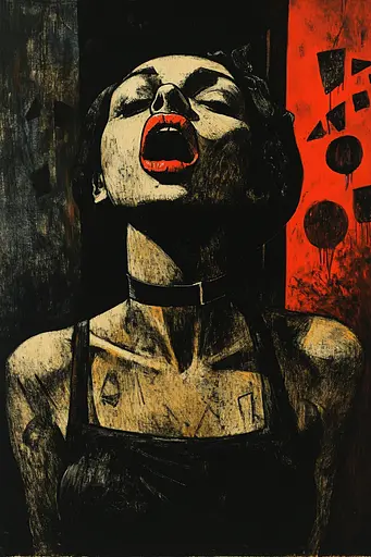 Midjourney generated image using SREF code Woodcut Noir: A painting of a woman with her mouth open and tongue out.