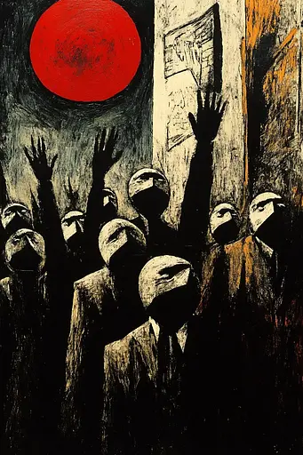 Midjourney generated image using SREF code Woodcut Noir: A painting of a group of people standing in front of a red sun.