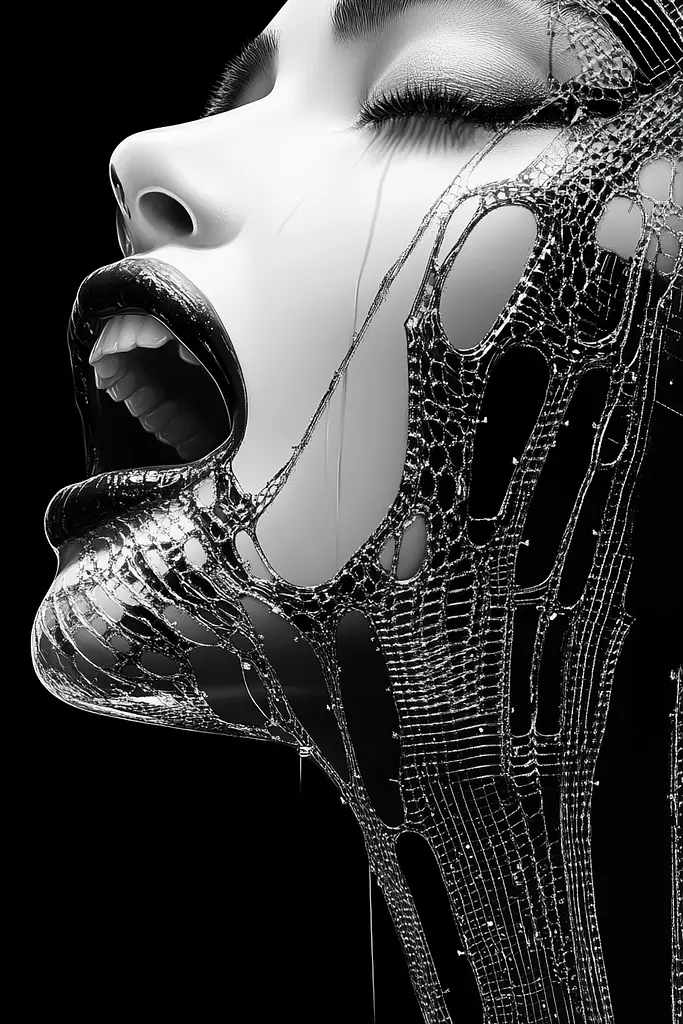 Midjourney generated image using SREF code Nebulous Threads: A black and white photo of a woman with a spider web on her face.