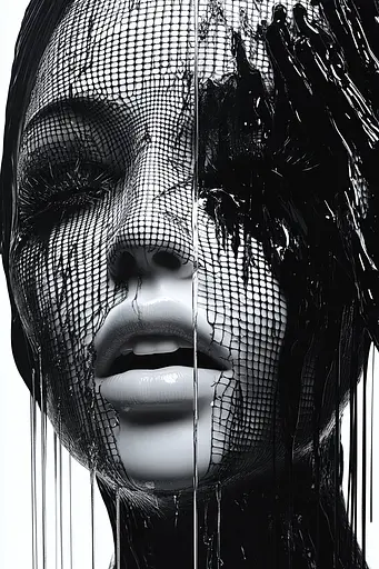 Midjourney generated image using SREF code Nebulous Threads: A black and white photo of a woman's face covered in netting.