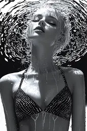 Midjourney generated image using SREF code Nebulous Threads: A woman in a bikini with water splashing around her head.