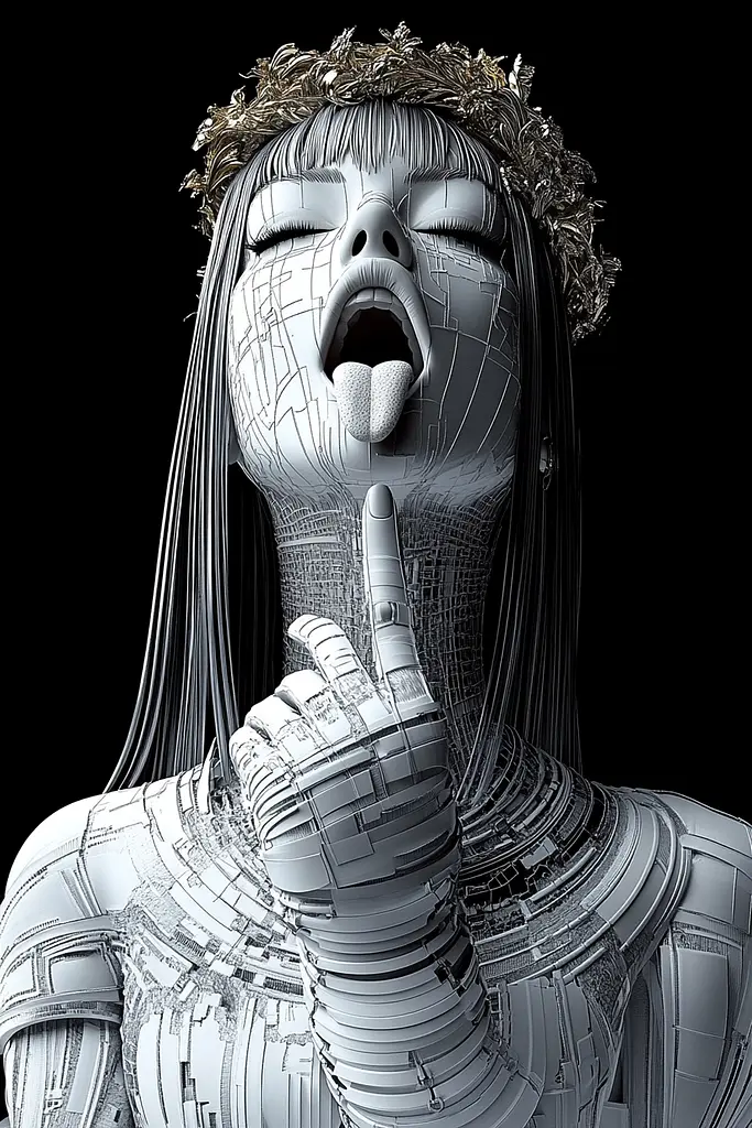 Midjourney generated image using SREF code Nebulous Threads: A 3D rendering of a woman with her mouth open and tongue out.