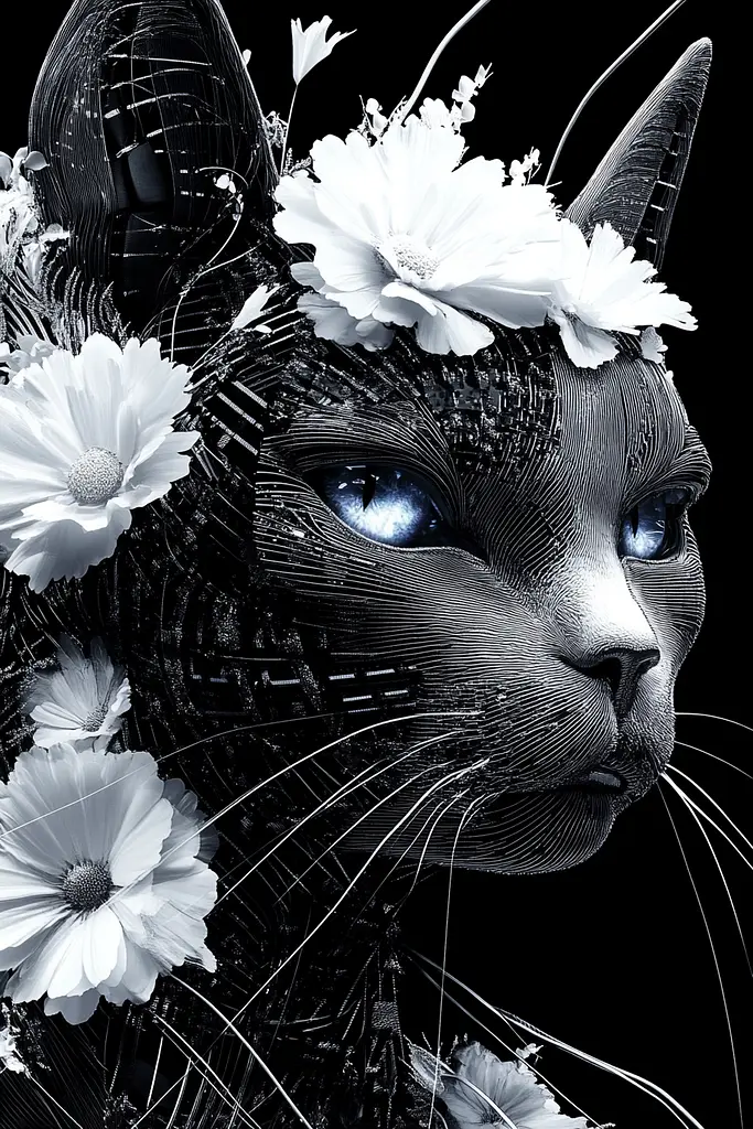 Midjourney generated image using SREF code Nebulous Threads: A black and white photo of a cat with flowers on its head.