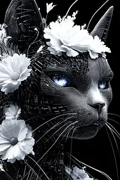 Midjourney generated image using SREF code Nebulous Threads: A black and white photo of a cat with flowers on its head.