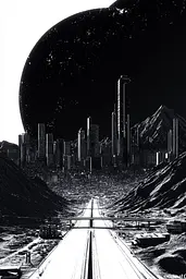 Midjourney generated image using SREF code Nebulous Threads: A black and white illustration of a futuristic city.