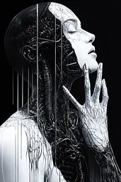 Midjourney generated image using SREF code Nebulous Threads: A black and white photo of a woman with her hands on her face.