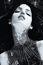 Midjourney generated image using SREF code Nebulous Threads: A black and white photo of a woman with a spider web on her neck.