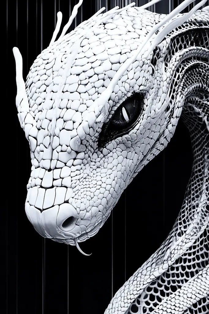 Midjourney generated image using SREF code Nebulous Threads: A close up of a white dragon's head on a black background.