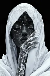 Midjourney generated image using SREF code Nebulous Threads: A black and white photo of a woman with a veil covering her face.