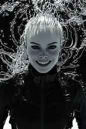 Midjourney generated image using SREF code Nebulous Threads: A woman in a black and white photo with water splashing on her face.