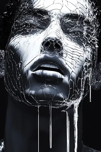 Midjourney generated image using SREF code Nebulous Threads: A black and white photo of a woman's face covered in water.