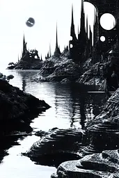 Midjourney generated image using SREF code Nebulous Threads: A black and white image of a futuristic city by the water.