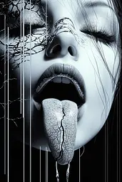 Midjourney generated image using SREF code Nebulous Threads: A black and white photo of a woman sticking out her tongue.