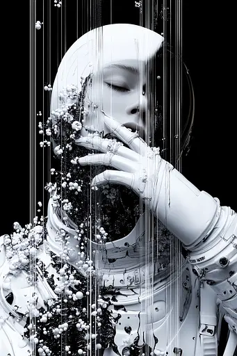 Midjourney generated image using SREF code Nebulous Threads: A black and white photo of a woman in a space suit.