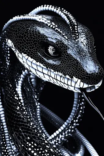 Midjourney generated image using SREF code Nebulous Threads: A black and white snake with its mouth open.