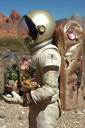 Midjourney generated image using SREF code Celestial Tangle: A man in an astronaut suit holding a glass jar filled with plants.