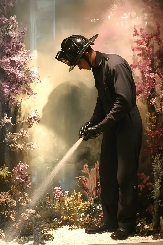 Midjourney generated image using SREF code Celestial Tangle: A man in a fireman's uniform is spraying water on a flower display.