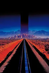 Midjourney generated image using SREF code Velvet Dusk: A train track with a city in the background.